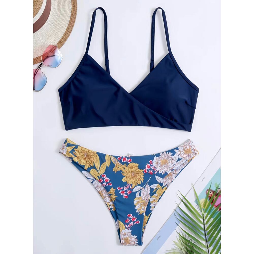 NEW Blue Floral Contrast Wrap Top Bikini Adjustable Straps Large
